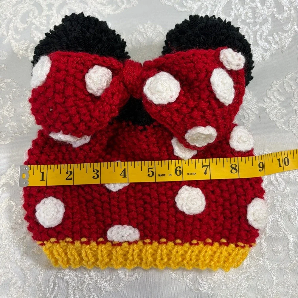 Hand knit Kids Minnie Mouse Pom Pom Beanie Toboggan